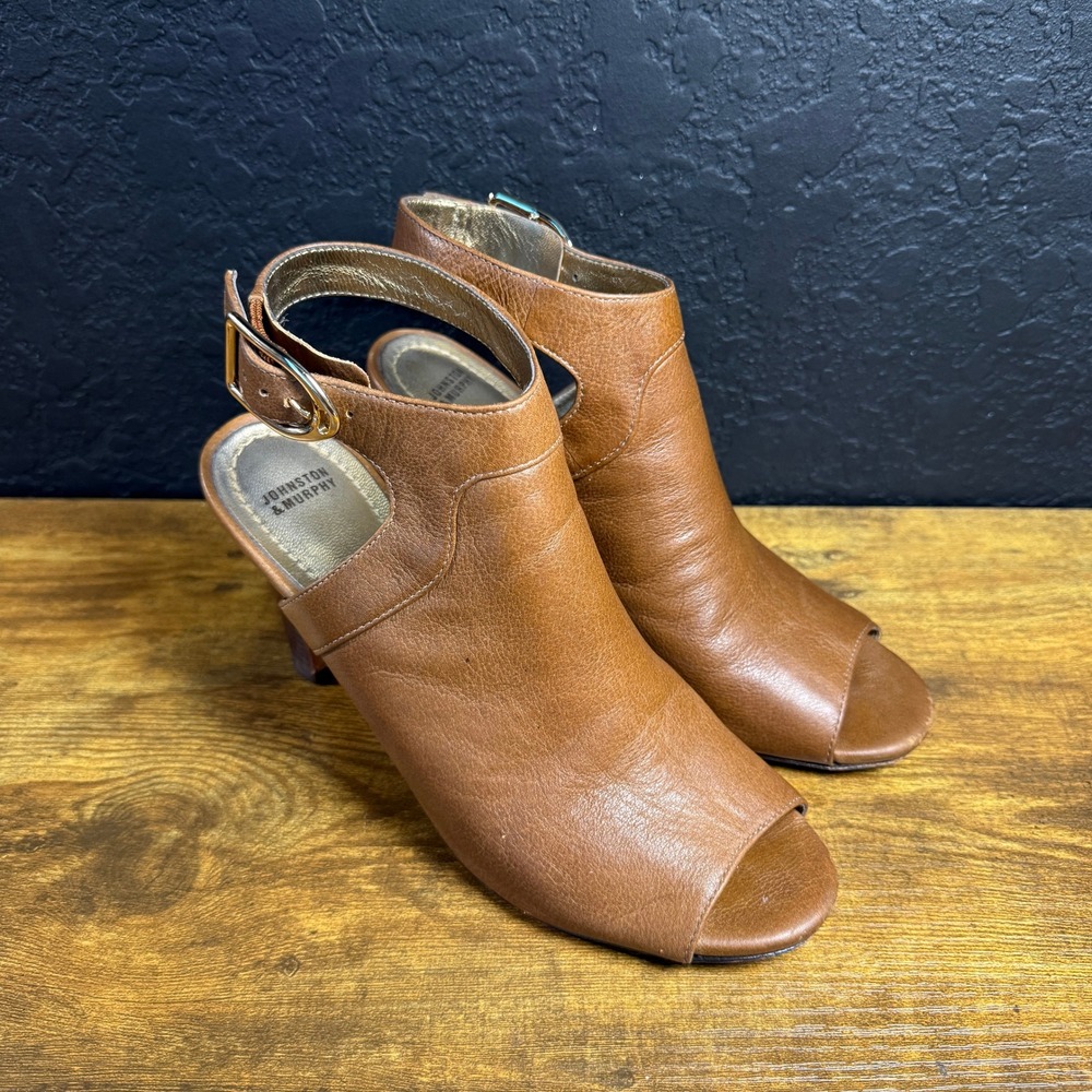 Johnston & Murphy 78-51703 Tan Leather Peep Toe Slingback Heel Womens 9M